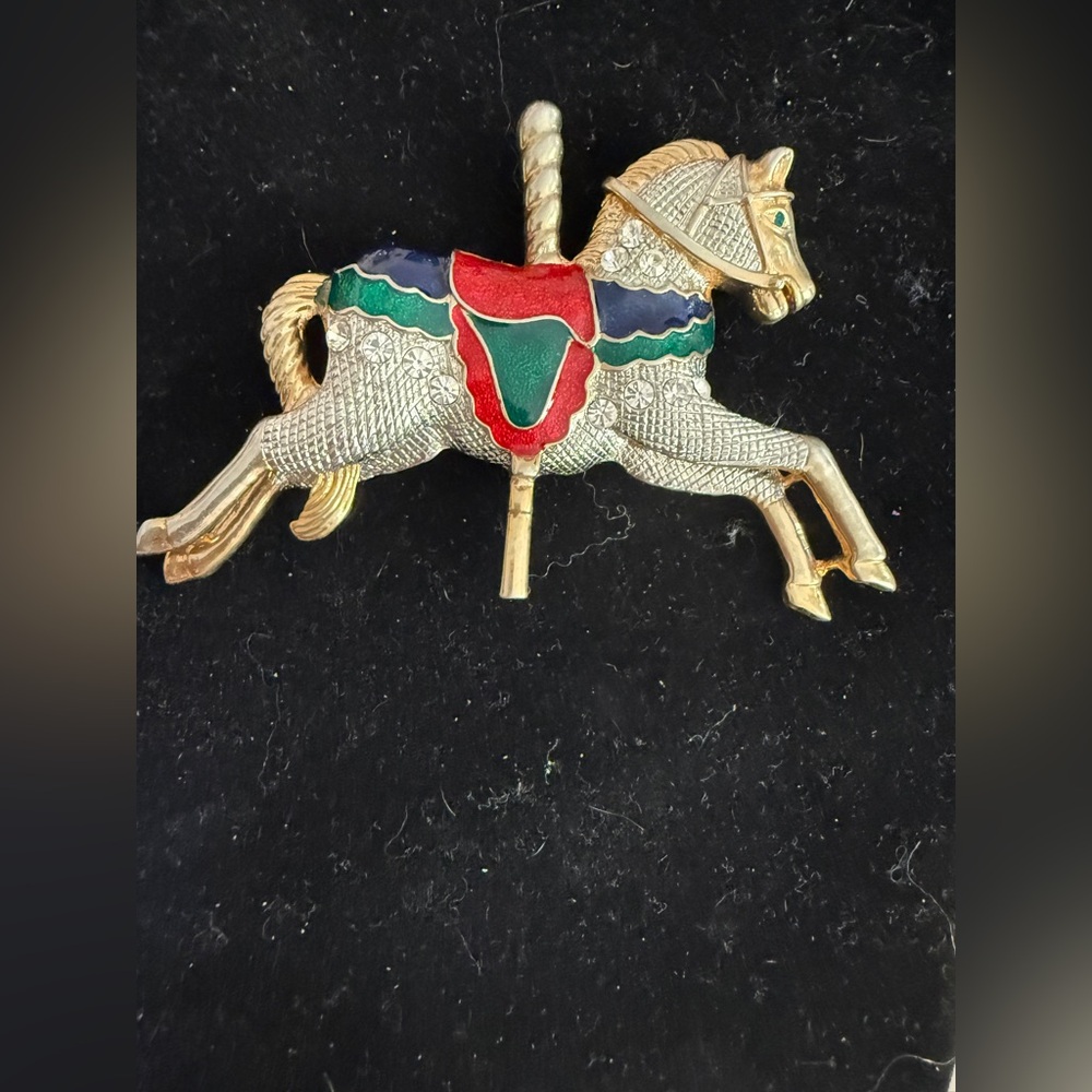 Gold Carousel Horse Brooch with Red, Green & Navy Enamel